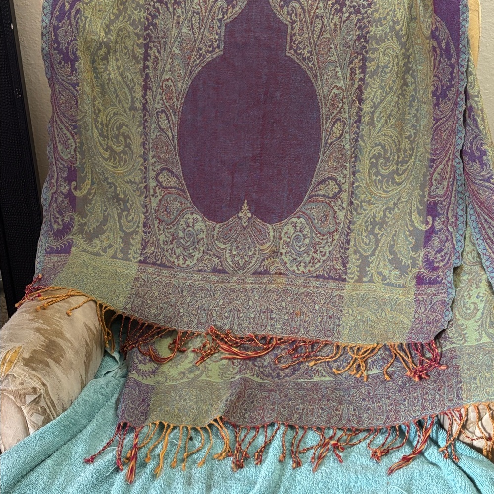 Purple and Green Paisley Shawl with Fringe